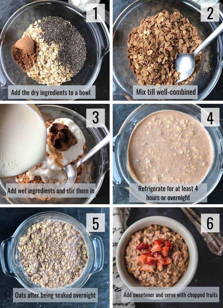 A collage of images showing the steps to make chocolate overnight oats