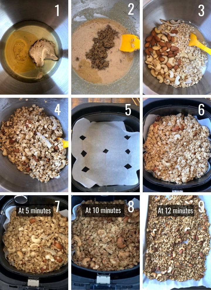 A collage of images showing how to make granola in an air-fryer