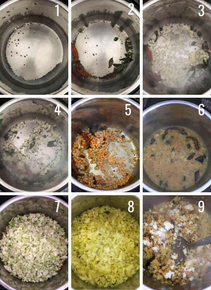 A collage of images showing how to make cabbage kootu using Instant Pot