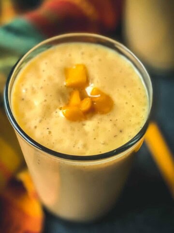 An overhead shot of Mango Banana Smoothie