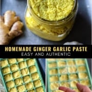 A collage of 3 images which how to store ginger garlic paste in ice cube trays