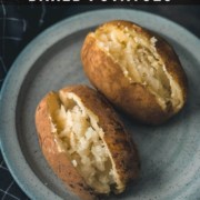 At the top of the photo are the words instant pot in yellow and baked potato in white with a picture of two potatoes on a blue plate with a crack down each potato.