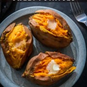 The words instant pot in yellow and sweet potatoes in white at the top with a blue plate with 3 sweet potatoes.