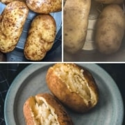 The words instant pot at the top in white with the words how to boil potatoes in yellow below with three pictures the top left picture shows 4 potatoes in the instant pot before cooking, the top right photo shows potatoes in the instant pot after cooking and the bottom photo shows two boiled potatoes on a blue plate cut vertically down the middle.