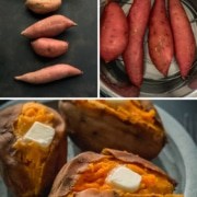 The words Instant Pot at the top in white and the words baked sweet potatoes in yellow with three pictures. The top left picture shows uncooked different sized sweet potatoes, the top right shows sweet potatoes in the instant pot, and the bottom photo shows cooked sweet potatoes at the bottom on a blue plate with butter.