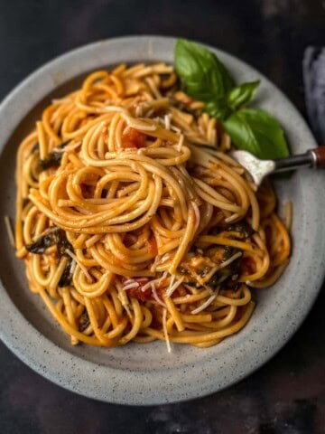 A light grey plate with a serving of instant pot spaghetti with a fork in the right side of the spaghetti pile and some basil at the top.