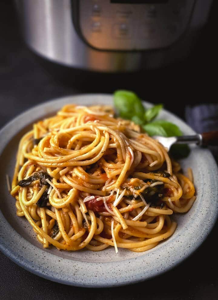 A grey plate with vegetarian spaghetti with a silver fork on the right and basil in the back with the instant pot behind the plate on a dark grey background.