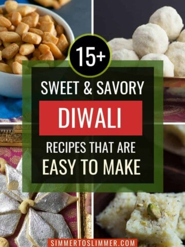 A collage of images with a caption sweet and savory Diwali recipes that are easy to make