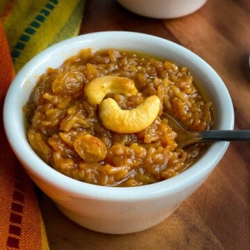 Pongal served in a white bowl