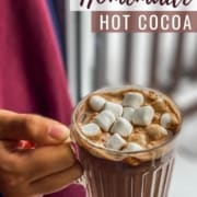 The words Homemade Hot Cocoa in the top right corner with a hand holding a clear glass mug of hot chocolate topped with marshmallows.