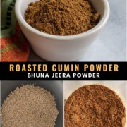 A white bowl of roasted cumin powder at the top with the words roasted cumin powder in the middle and two steps of the process at the bottom the roasted cumin seeds in the left and the powder to the right.