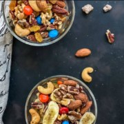 The words homemade healthy trail mix at the top with two small bowls of trail mix on a grey counter below.