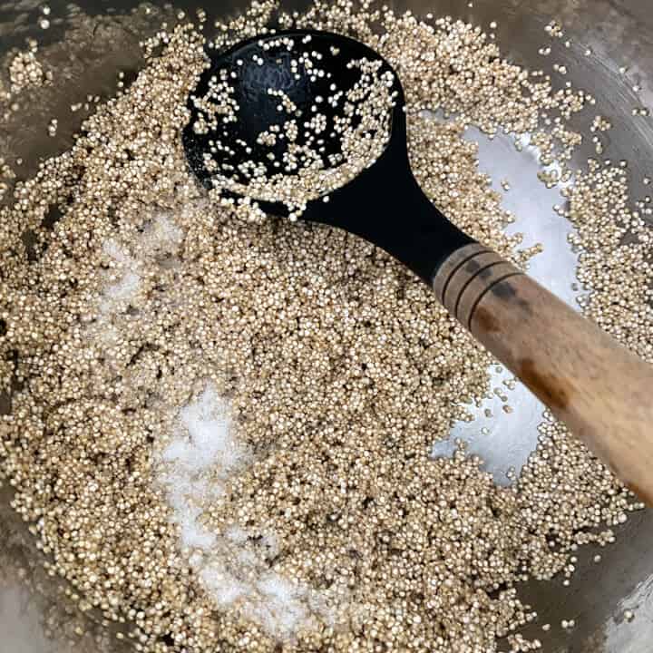 Quinoa being toasted in the ghee in the instant pot.