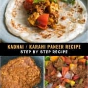 A blue plate with a paratha topped with kadai panner with the words kadhai/ karahi panner recipe step by step recipe in the middle and two side by side pictures of the onion-tomato paste on the left and the spiced bell peppers and onions on the right.