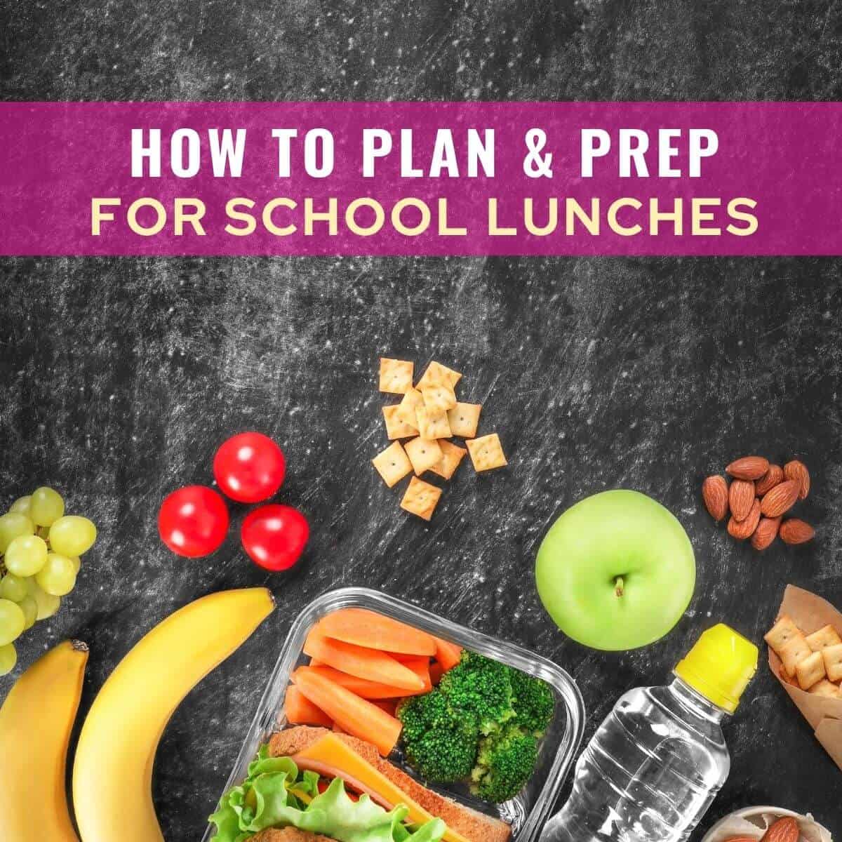 Bananas, lunch box, water on a black surface with caption - how to plan and prep for school lunches