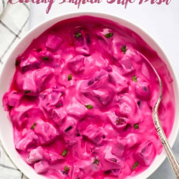 Beetroot raita in a white bowl