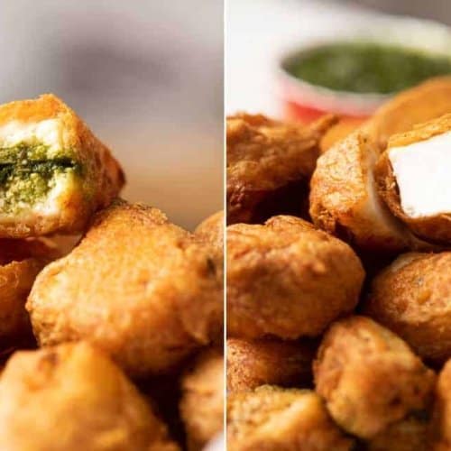 a collage of two images with paneer pakoras in both