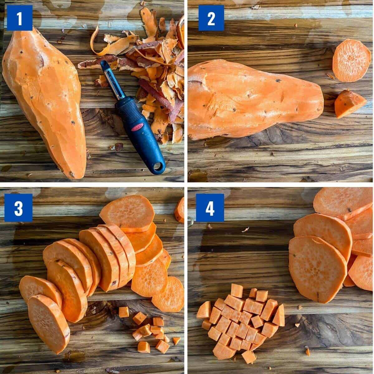 How to cut sweet potato into cubes; first cutting into circles and dicing them from there.