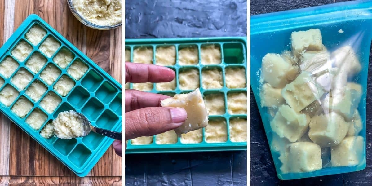 Garlic paste being stored in a silicone ice cube tray.