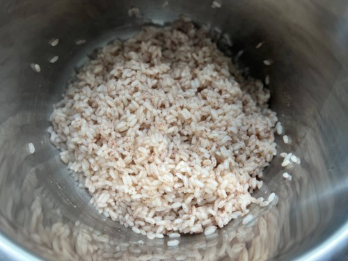 Fluffed matta rice in the inner pot of the Instant Pot.
