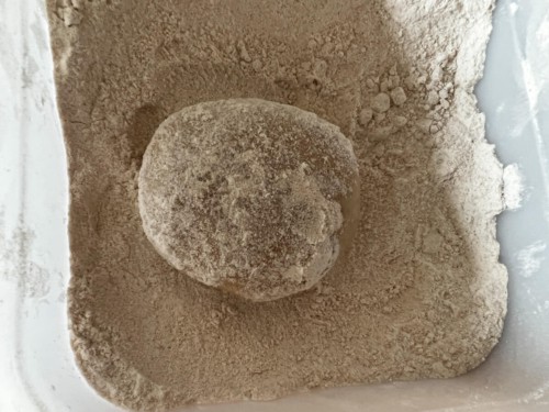 Flattening a dough ball in whole wheat flour.