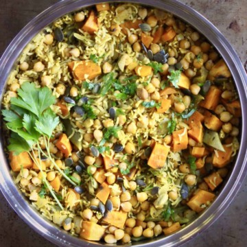 Chickpea Pumpkin Biryani served in a metal bowl