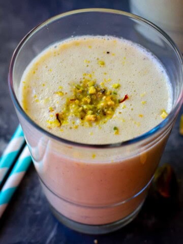 Two glasses of kesar pista smoothie