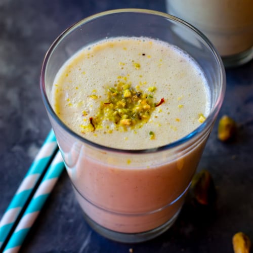 Two glasses of kesar pista smoothie