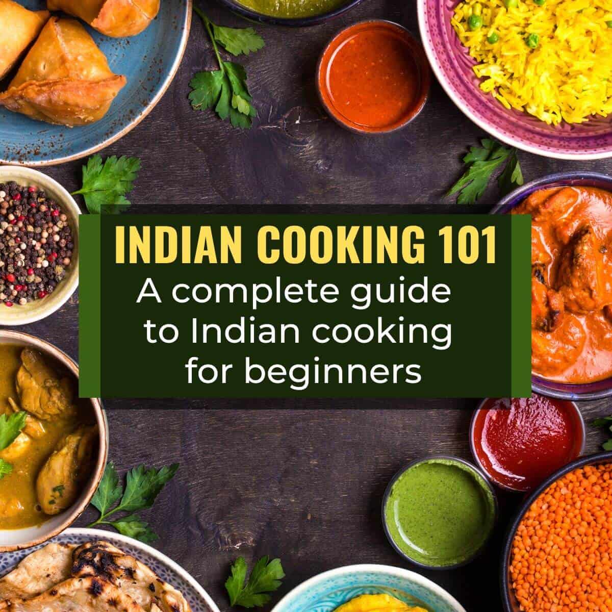 A caption over an image for Indian food reads Indian cooking 101 - A beginner's guide to Indian cooking