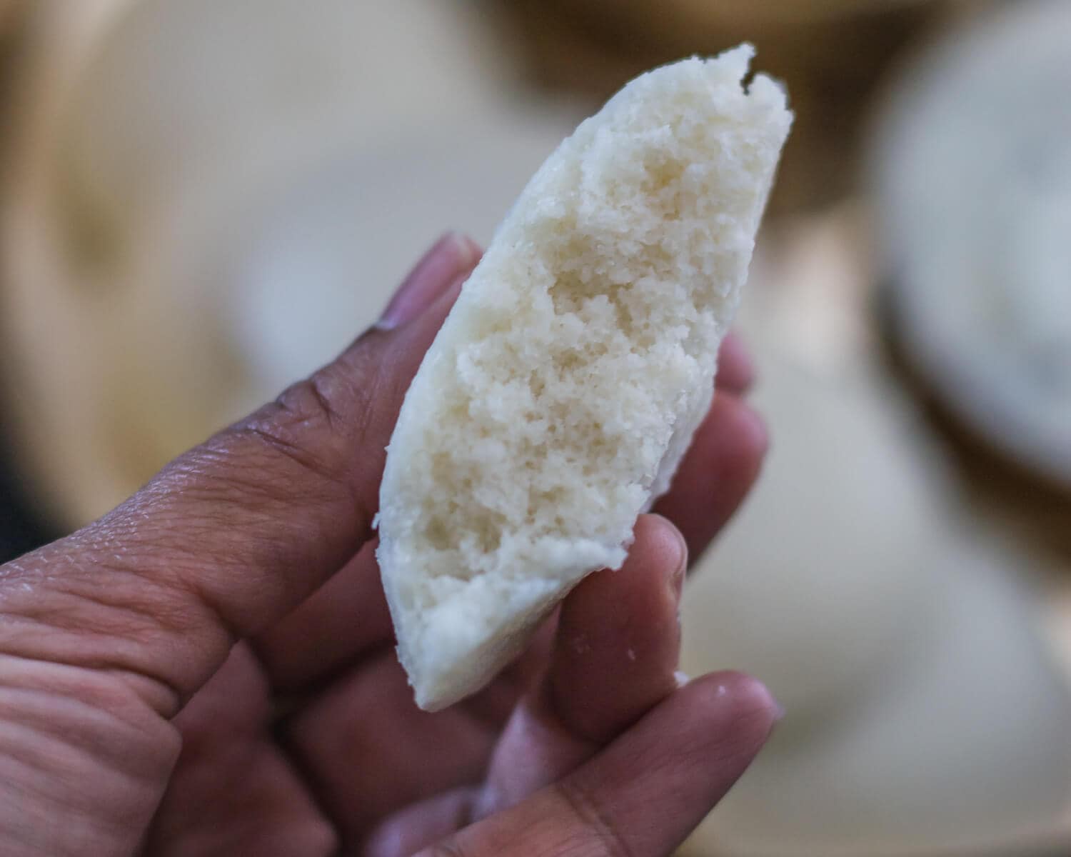 A hand holding a piece of idli
