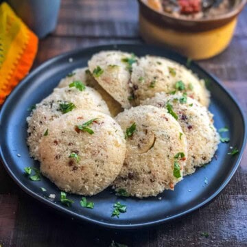 An overhead shot of Rava idli served with peanut chutney