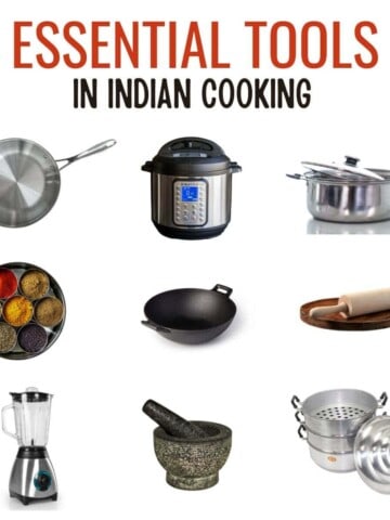 An image of kitchen tools with a caption that reads Essential Tools in Indian Cooking