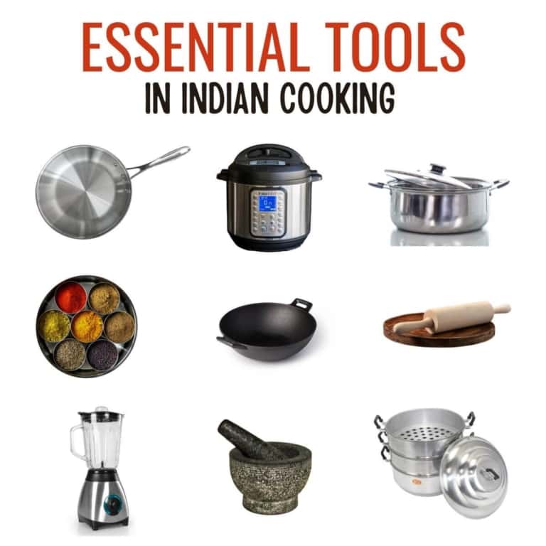 An image of kitchen tools with a caption that reads Essential Tools in Indian Cooking