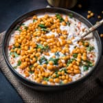 Boondi raita recipe is placed on a black bowl with a golden spoon.